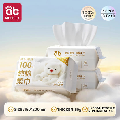 Newborn Baby Cotton Dry Wipes Unscented Hypoallergenic 3-In-1 Clean Care Protect Thick Sensitive Skin Facial Towels for Infants