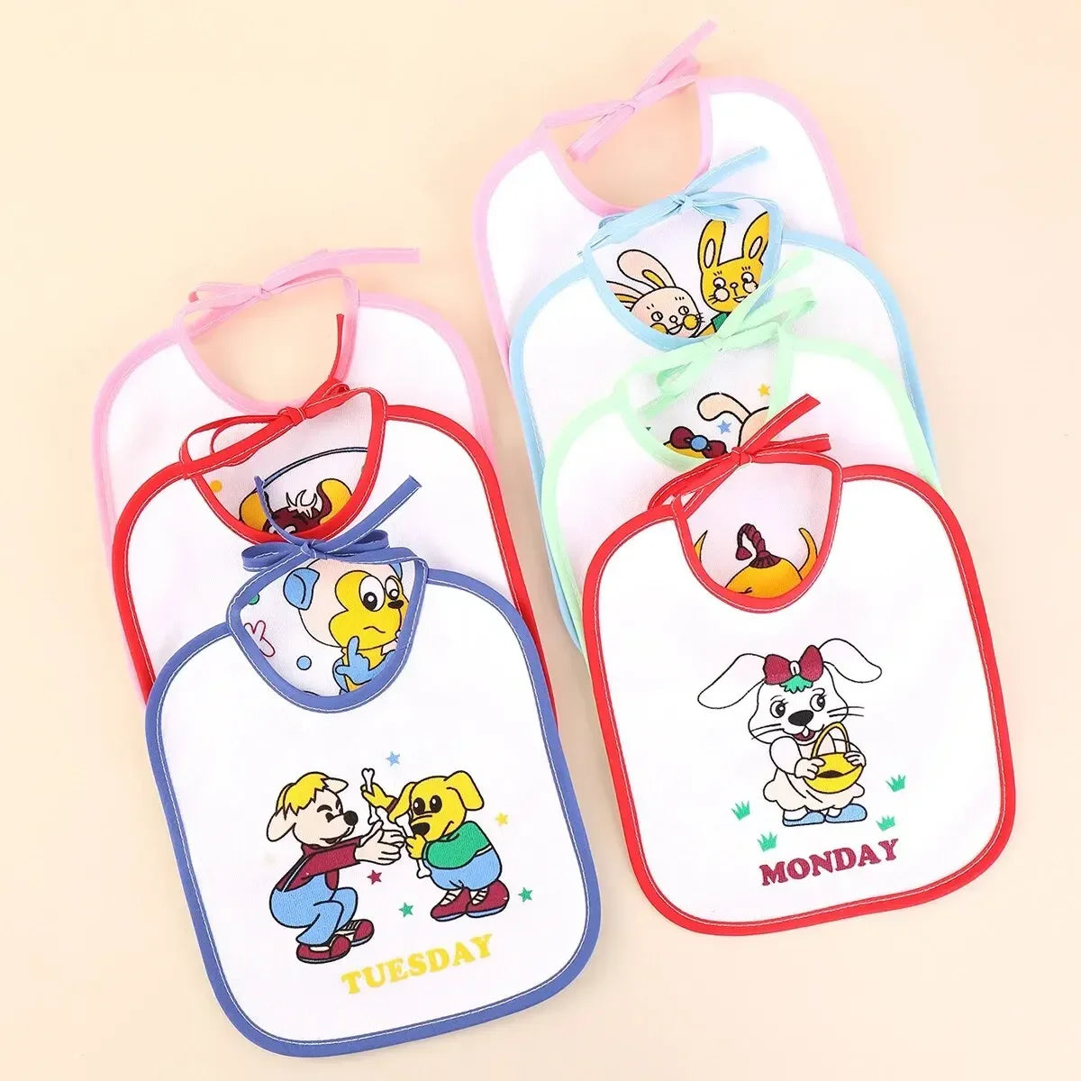 7pcs Set of Baby Girl and Boy Dinner Cloth Towel Straps Cartoon Printed Newborn Chest Cloth Saliva Towel U-shaped Saliva Towel