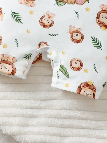 New Baby Boy Casual Cute Cartoon Lion Pattern Round Neck Short Sleeve Hoodie with Shoulder Buckle, Shorts, And Hat