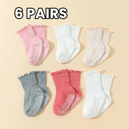 6 pairs  girls' toddler cotton socks with lace - baby anti-slip dot gel socks, cute walking socks with non-slip ruffles design