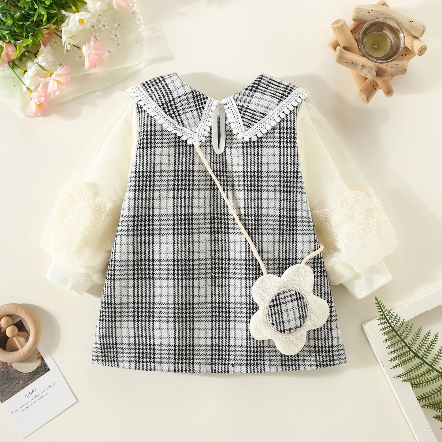 0-2 Years Spring Baby Girl Dress Flower Embroidered Organza Long Sleeved Baby Dress Girl Doll Collar Plaid Dress Send Bag