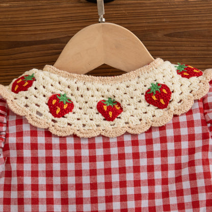 Baby Girl Dress Summer Red Checkered Cotton Girl Dress Cute Strawberry Lapel Girl Beach Dress