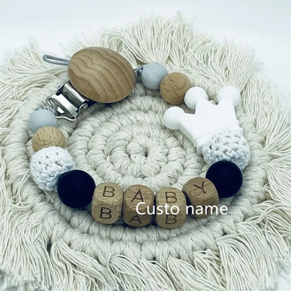 Custom Name Silicone Beads Wooden Ring Pacifier Clips Safe Teething Chains Baby Teether Eco-friendly Dummy Beech Clips Holder
