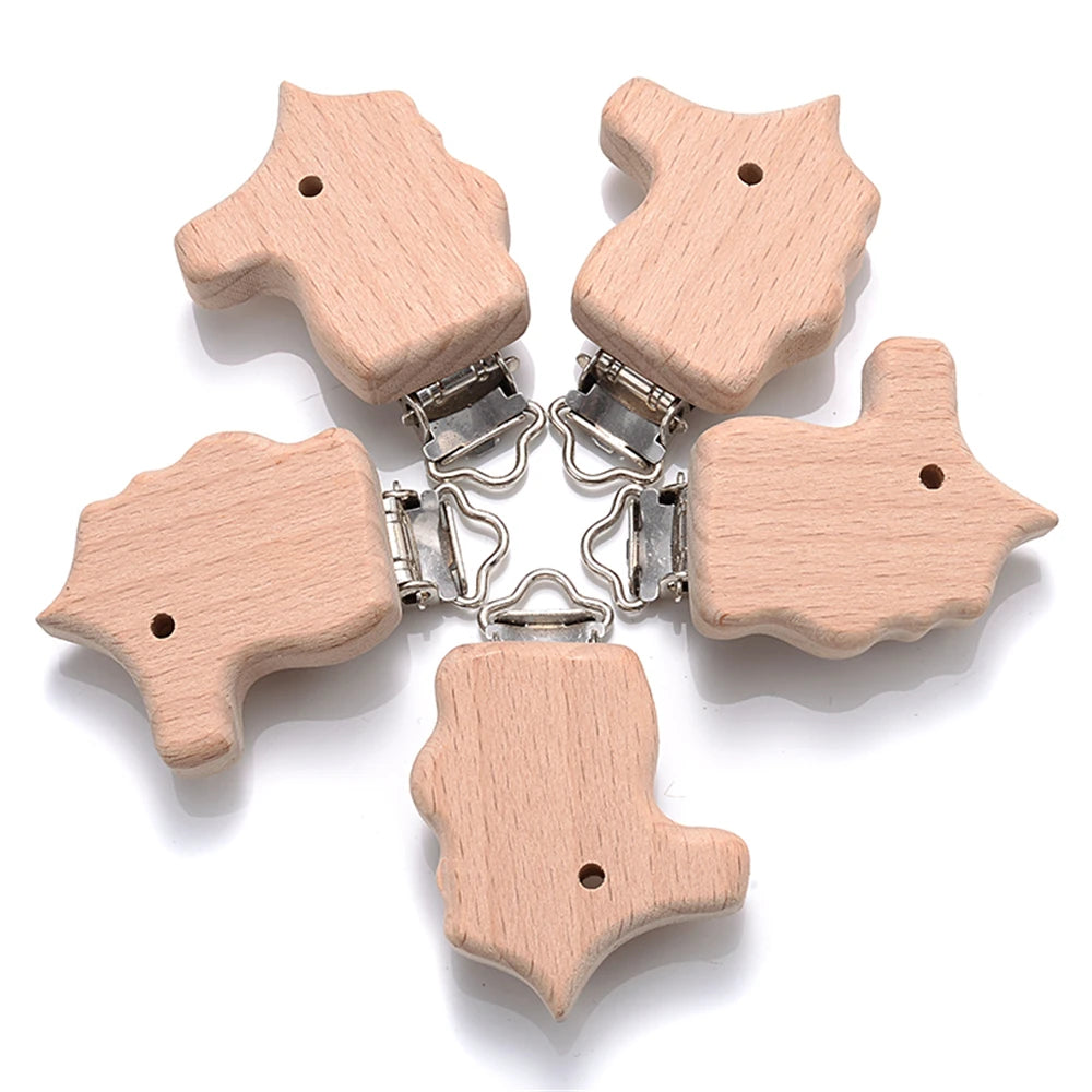 5pcs Woode Pacifier Baby Beech Wooden Animal Pacifier Metal Clips Holder Heart Pacifier Chain Teether Accessories