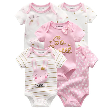 Kiddiezoom 5 Pcs/Lot Four Seasons Fashion Cartoon Short Sleeve Baby Boy Girl Bodysuits Soft 100%Cotton NewbornOnesies