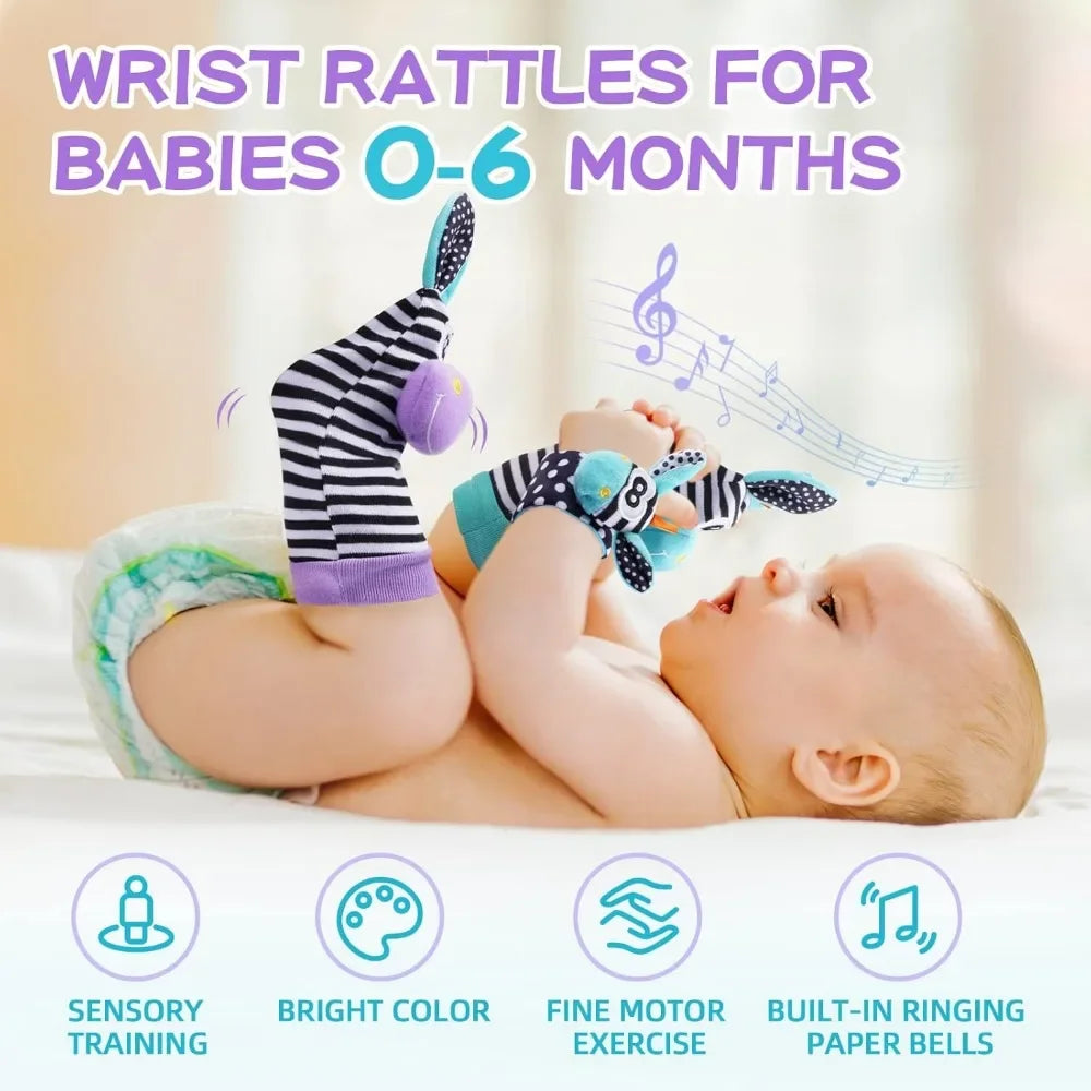4Pcs Baby Rattles Toys Animal Socks Wrist Strap +Rattle Baby Foot Socks Bug Wrist Strap Toddler Socks Pacifier Toys  0-12 Months