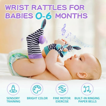 4Pcs Baby Rattles Toys Animal Socks Wrist Strap +Rattle Baby Foot Socks Bug Wrist Strap Toddler Socks Pacifier Toys  0-12 Months