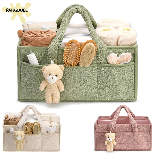 PANGDUBE Baby Diaper Caddy Organizer, Plush Diaper Stackers & Caddies, Teddy Bear Diaper Storage Basket, Nappy Bag for Newborn