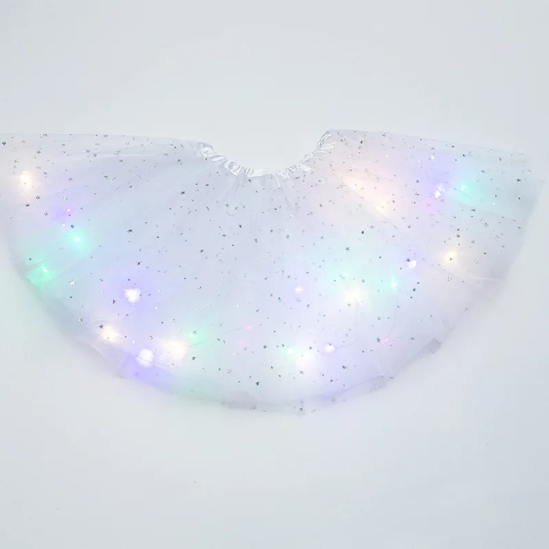 Luminous LED Fluffy Skirt Girls Layered Ballet Dance Pleated Skirt Tulle Light Up Short Dress for Birthday Party Wearing Costume