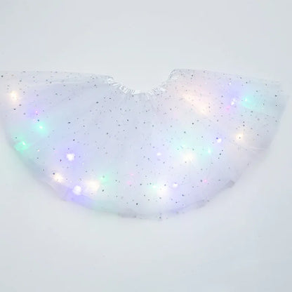 Luminous LED Fluffy Skirt Girls Layered Ballet Dance Pleated Skirt Tulle Light Up Short Dress for Birthday Party Wearing Costume