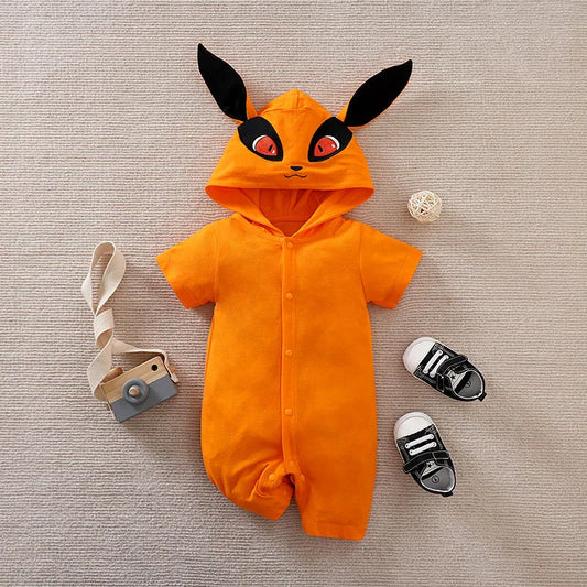 Summer Boys and Girls Cute Anime Fox Hat Cotton Comfortable Casual Short Sleeve Baby Bodysuit