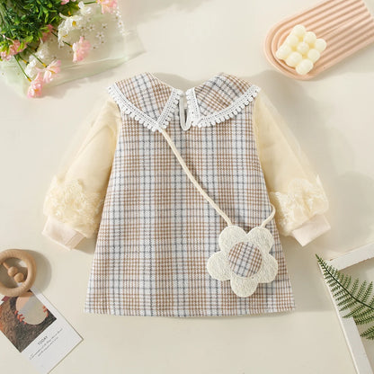 0-2 Years Spring Baby Girl Dress Flower Embroidered Organza Long Sleeved Baby Dress Girl Doll Collar Plaid Dress Send Bag