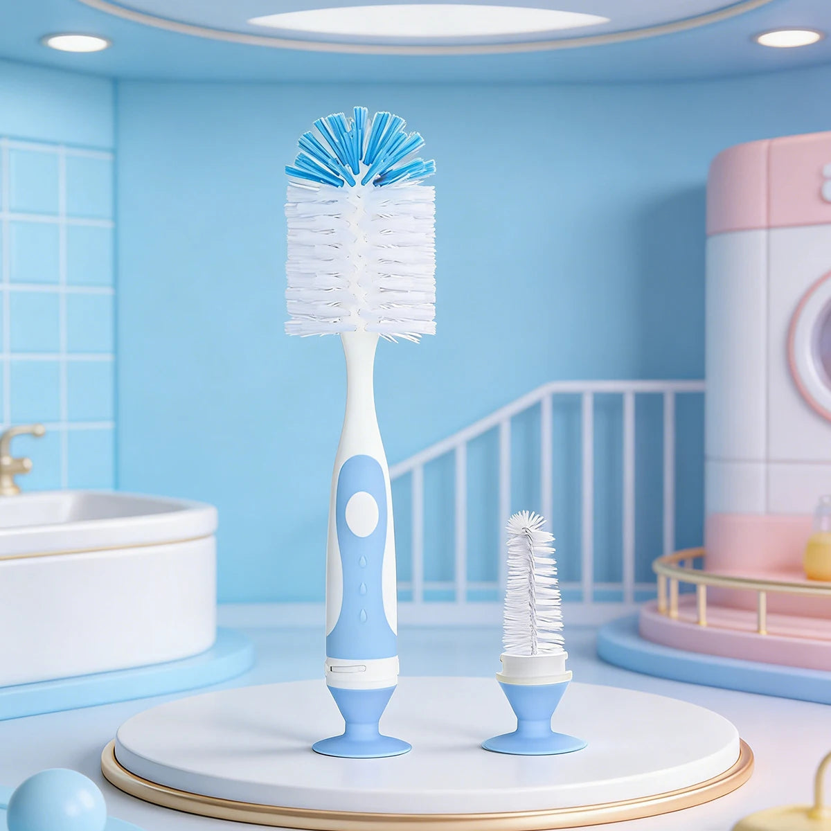 2-in-1 Nylon Bristle Baby Bottle Brush with Nipple Brush and Suction Cup, Cup Brush, Daily Use Feeding Cleaning Brush