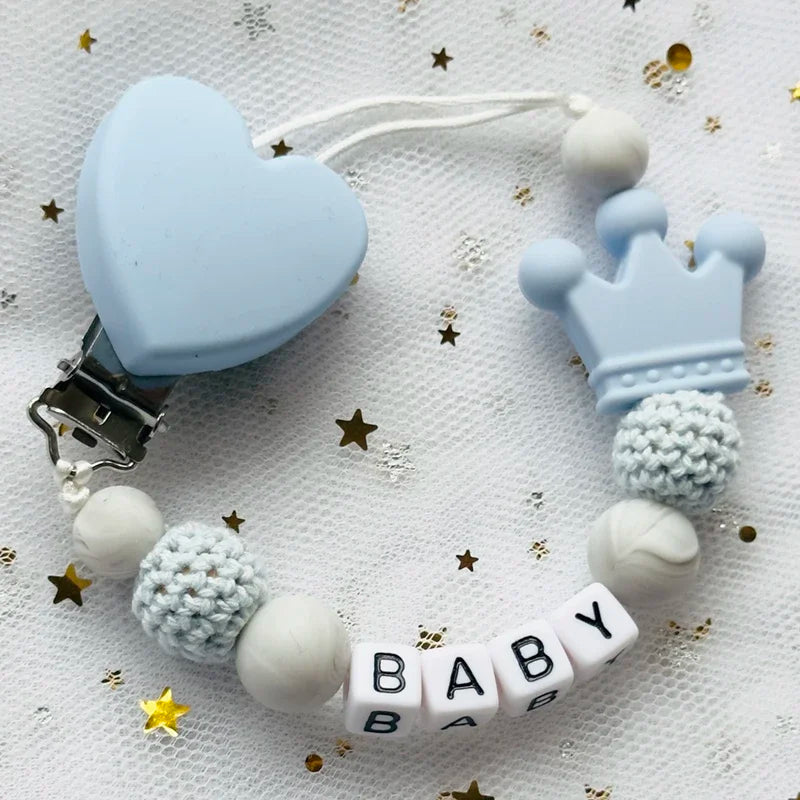 NEW Custom Personalized Name Pacifier Clip Handmade Beech Wooden Chain Silicone Crown Holder Soother Baby Teething Toy Chew Gift