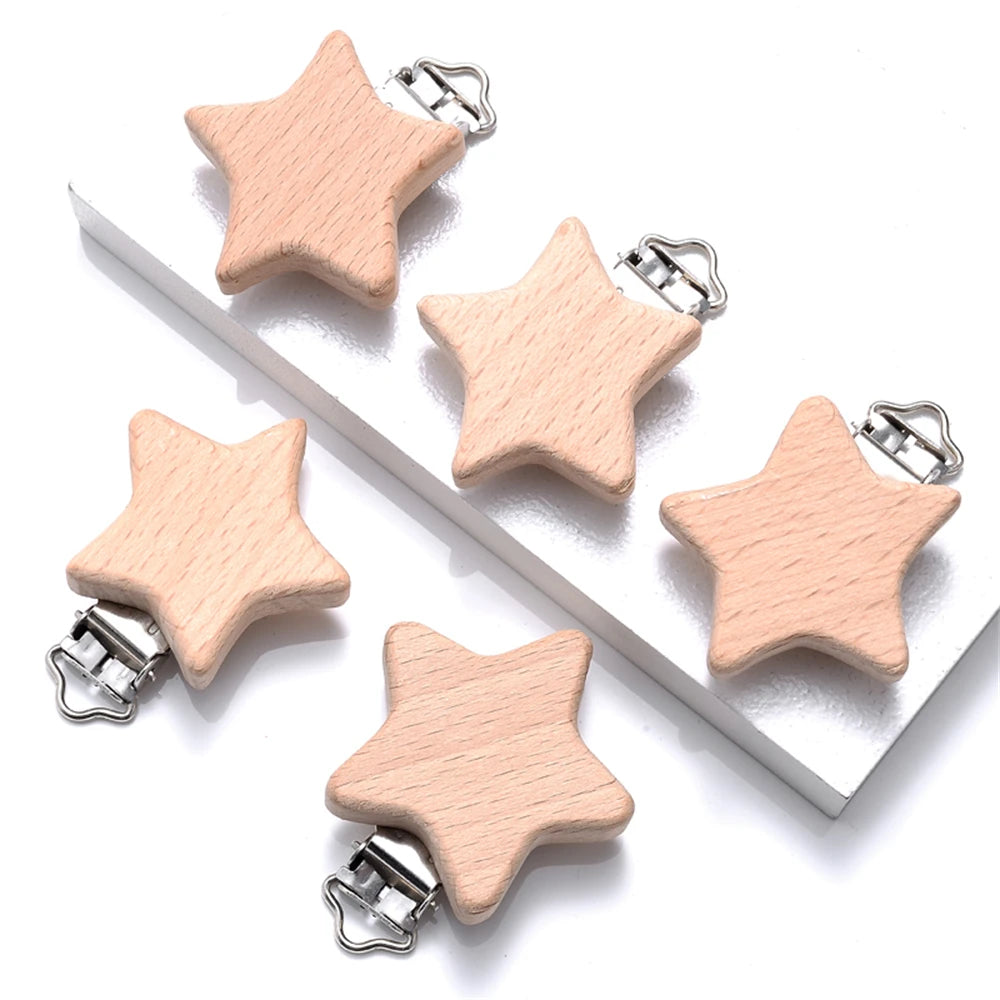 5pcs Woode Pacifier Baby Beech Wooden Animal Pacifier Metal Clips Holder Heart Pacifier Chain Teether Accessories