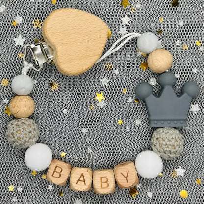 Custom Name Silicone Beads Wooden Ring Pacifier Clips Safe Teething Chains Baby Teether Eco-friendly Dummy Beech Clips Holder