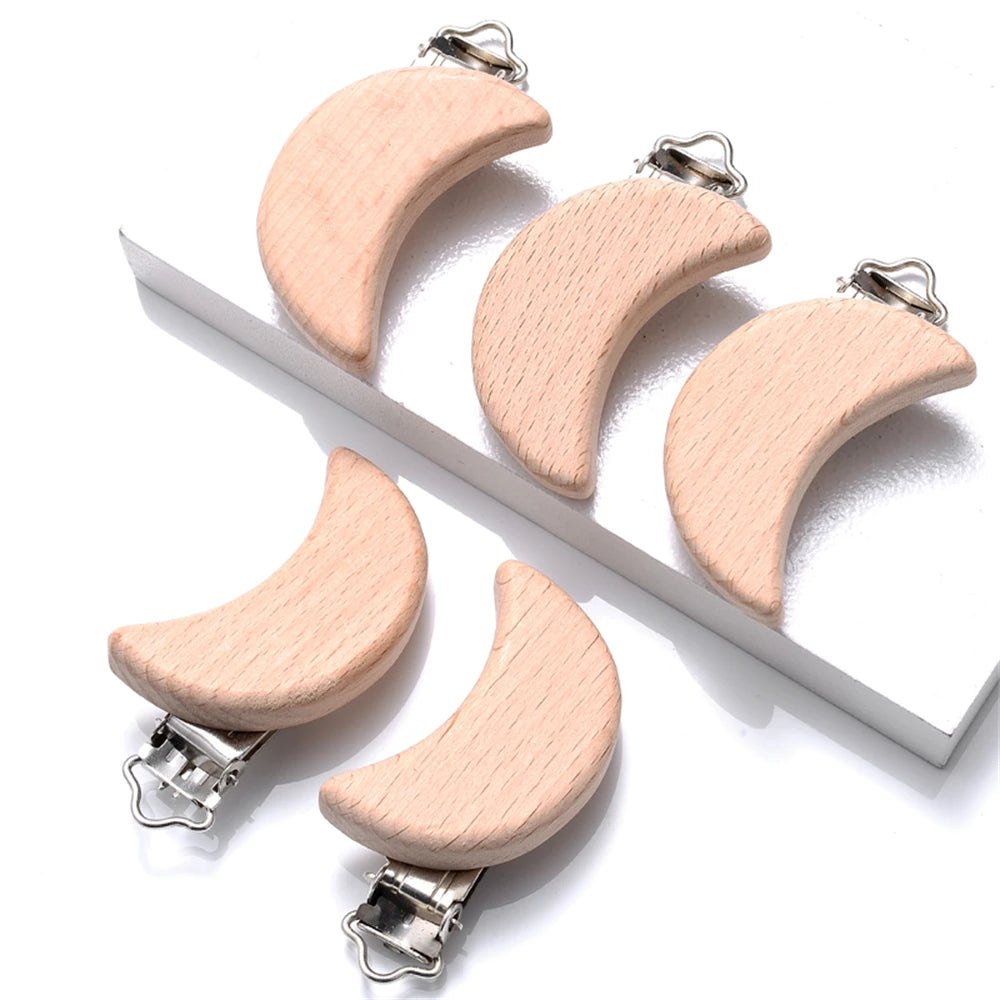 5pcs Woode Pacifier Baby Beech Wooden Animal Pacifier Metal Clips Holder Heart Pacifier Chain Teether Accessories