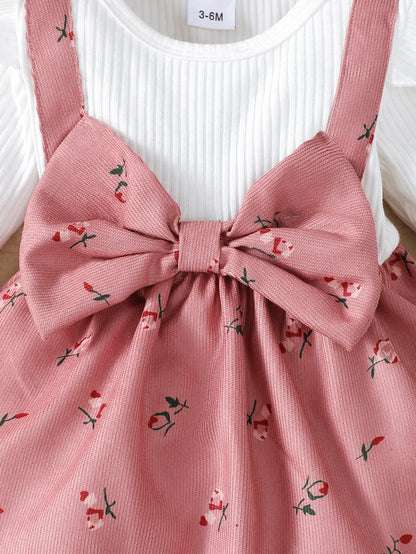 2pc/Set childrens' baby girl Dress Color blocking Broken flowers Big Bow Princess Dress+Headband 0-24 Months Baby Fashion Dress