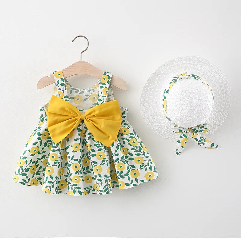 2Pcs/SetSummer floral large bow grass hat skirt for girls Korean version suspender dress with hats as a gift