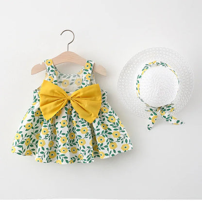 2Pcs/SetSummer floral large bow grass hat skirt for girls Korean version suspender dress with hats as a gift