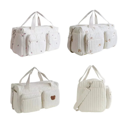 Baby Diaper Bag Cute Bear Flower Embroidery Pattern Mommy Bag Baby Beige Cotton Fabric Zipper Diaper Handbag New Luggage Bag