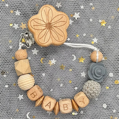 Custom Name Silicone Beads Wooden Ring Pacifier Clips Safe Teething Chains Baby Teether Eco-friendly Dummy Beech Clips Holder