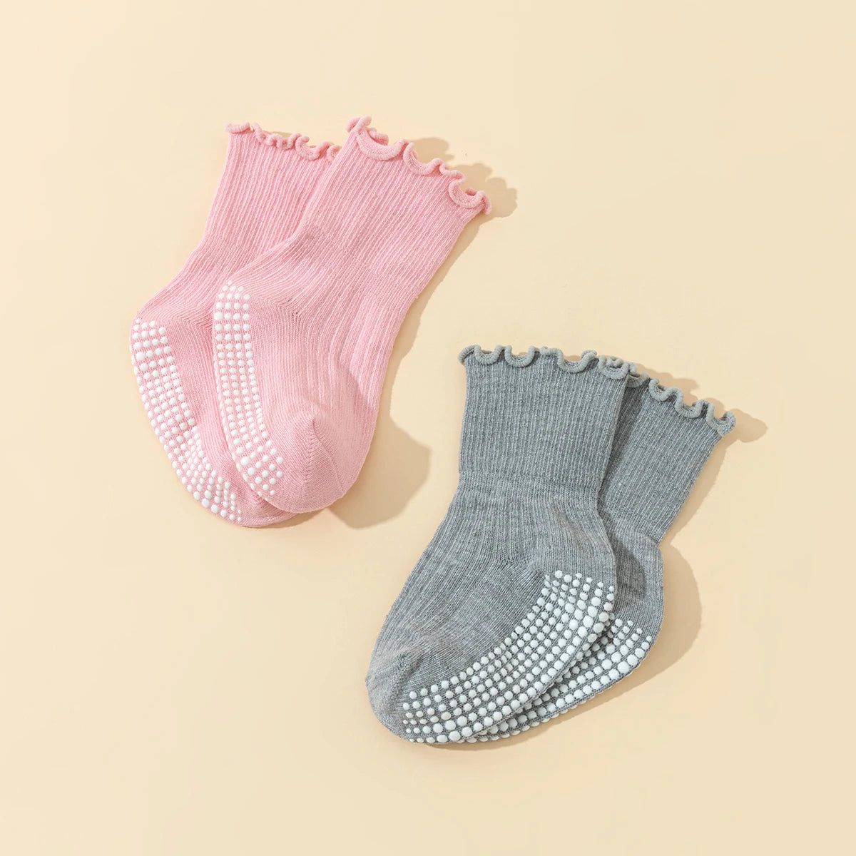 6 pairs  girls' toddler cotton socks with lace - baby anti-slip dot gel socks, cute walking socks with non-slip ruffles design