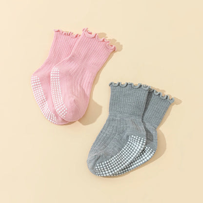 6 pairs  girls' toddler cotton socks with lace - baby anti-slip dot gel socks, cute walking socks with non-slip ruffles design