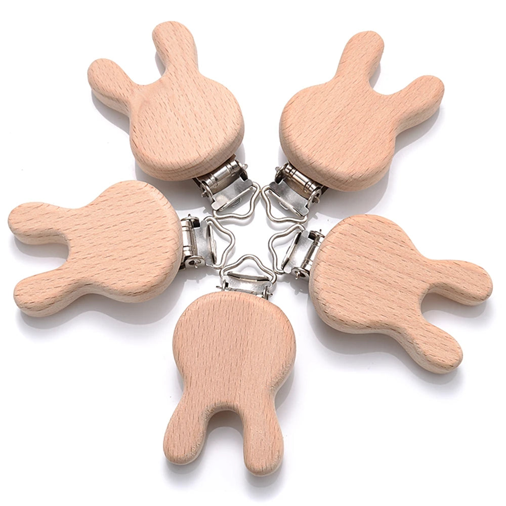 5pcs Woode Pacifier Baby Beech Wooden Animal Pacifier Metal Clips Holder Heart Pacifier Chain Teether Accessories