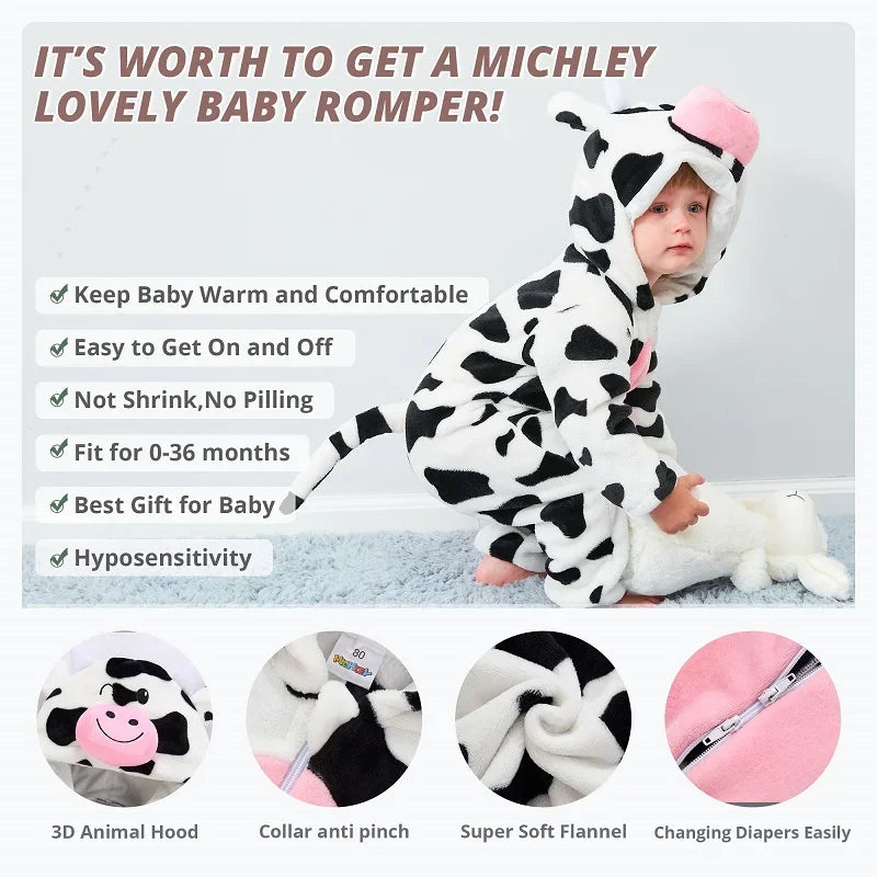 MICHLEY Carnival Winter Baby Rompers Hooded Flannel Cosplay Toddler Infant Clothes Bodysuits Jumpsuit Costume For Girl Boy