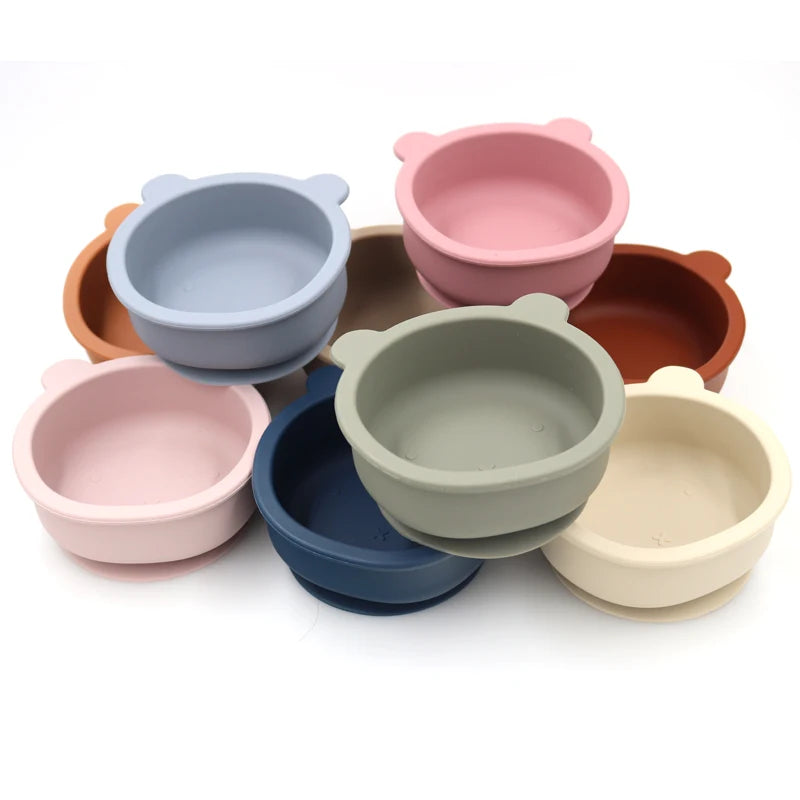 Bear shaped baby feeding bowl sauction silicone boy girl tableware cute cartoon 300ml