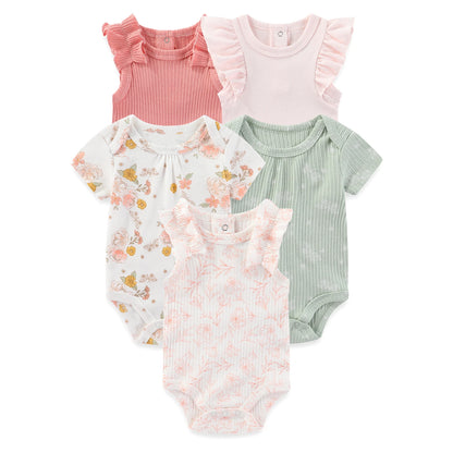 Kiddiezoom 5 Pcs/Lot Four Seasons Fashion Cartoon Short Sleeve Baby Boy Girl Bodysuits Soft 100%Cotton NewbornOnesies