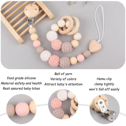 Baby Pacifier Clip Wooden Teethers Bracelet Set Silicone Beads Babies Soothe Nipple Teething Toys Anti-lost Chain Newborn