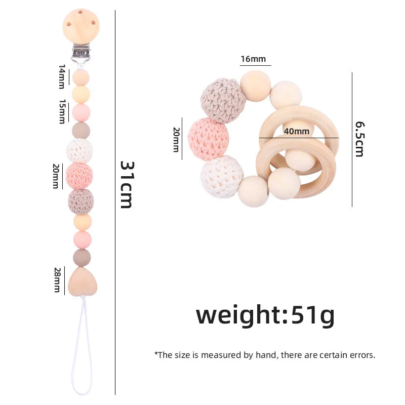 Baby Pacifier Clip Wooden Teethers Bracelet Set Silicone Beads Babies Soothe Nipple Teething Toys Anti-lost Chain Newborn