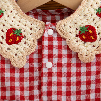 Baby Girl Dress Summer Red Checkered Cotton Girl Dress Cute Strawberry Lapel Girl Beach Dress