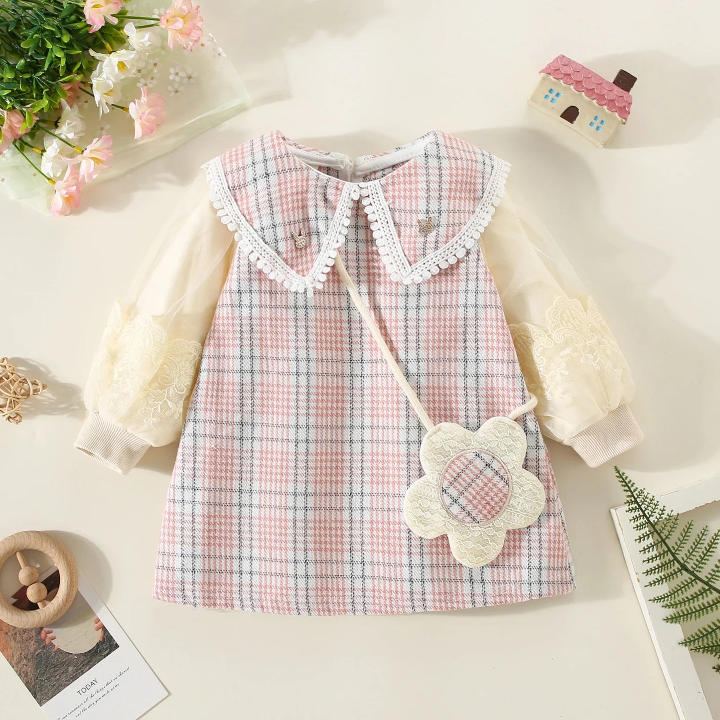 0-2 Years Spring Baby Girl Dress Flower Embroidered Organza Long Sleeved Baby Dress Girl Doll Collar Plaid Dress Send Bag