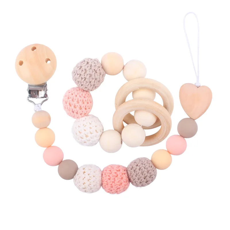 Baby Pacifier Clip Wooden Teethers Bracelet Set Silicone Beads Babies Soothe Nipple Teething Toys Anti-lost Chain Newborn
