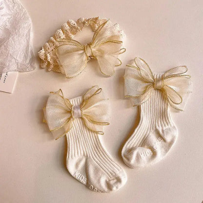 2Pcs Baby Bow Headband Socks Set Toddler Boys Girls Lace Print Bowknot Elastic Hairband Turban Solid Soft Sock Kids Accessories