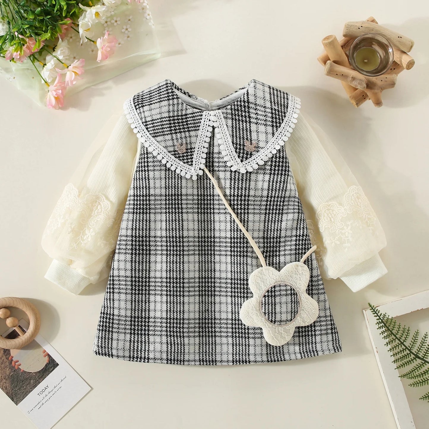 0-2 Years Spring Baby Girl Dress Flower Embroidered Organza Long Sleeved Baby Dress Girl Doll Collar Plaid Dress Send Bag