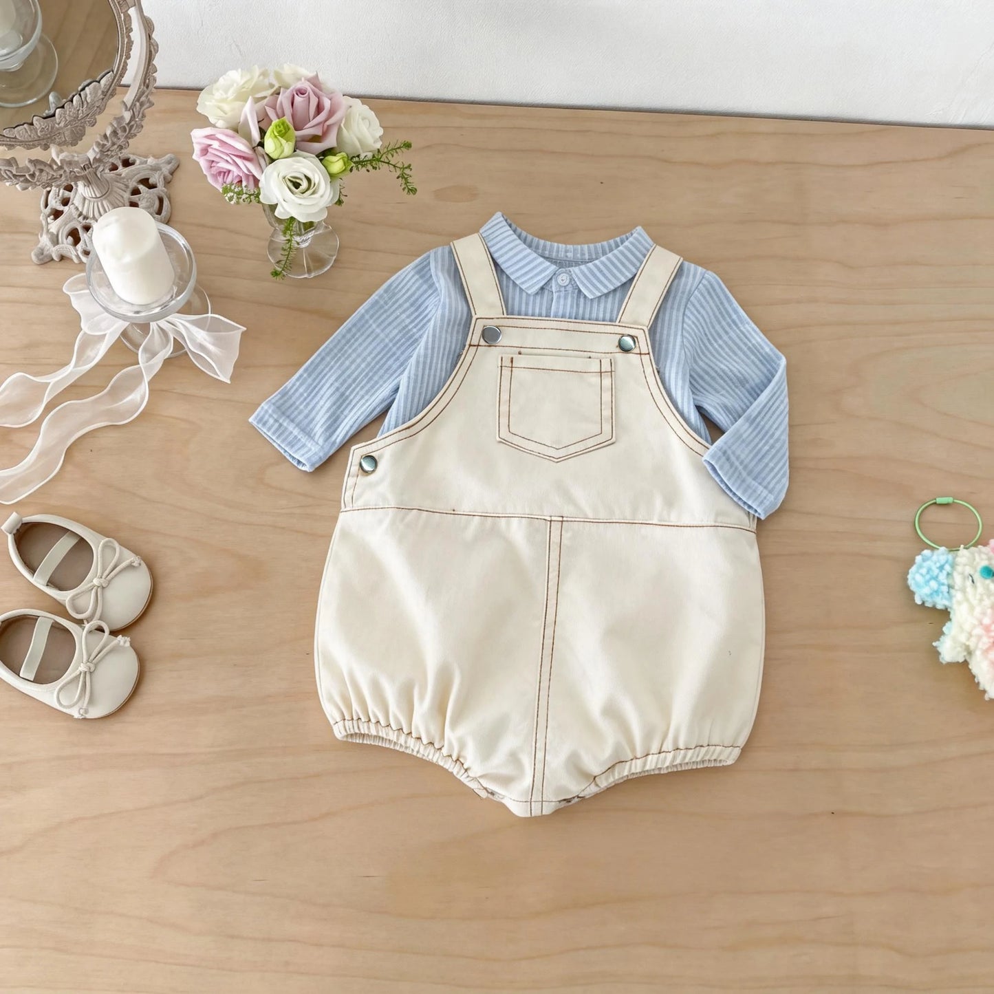 Spring and summer Korean style baby cute pocket denim overalls for boys and girls, fashionable triangle nappy cover