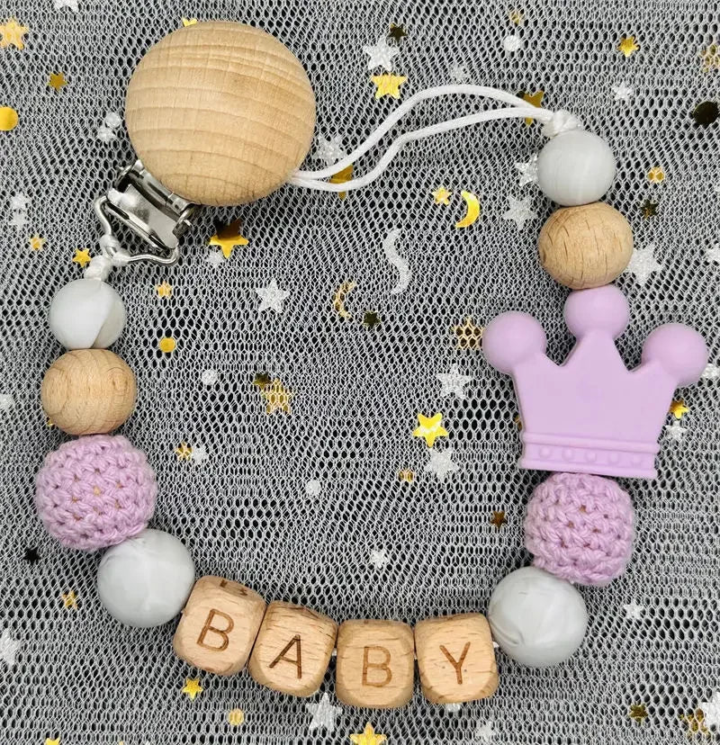 Custom Name Silicone Beads Wooden Ring Pacifier Clips Safe Teething Chains Baby Teether Eco-friendly Dummy Beech Clips Holder