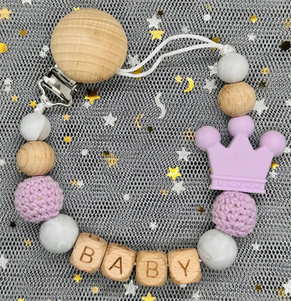 Custom Name Silicone Beads Wooden Ring Pacifier Clips Safe Teething Chains Baby Teether Eco-friendly Dummy Beech Clips Holder