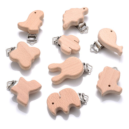 5pcs Woode Pacifier Baby Beech Wooden Animal Pacifier Metal Clips Holder Heart Pacifier Chain Teether Accessories