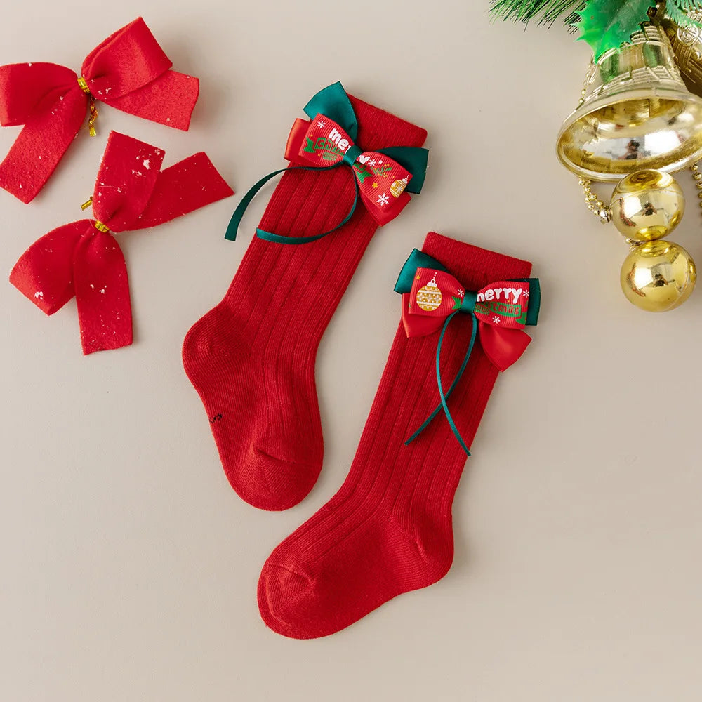 Children's Bow Socks Hristmas Stockings New Baby Stockings Girls Socks Autumn and Winter  Leg Warmers for 2025 Xmas New Year